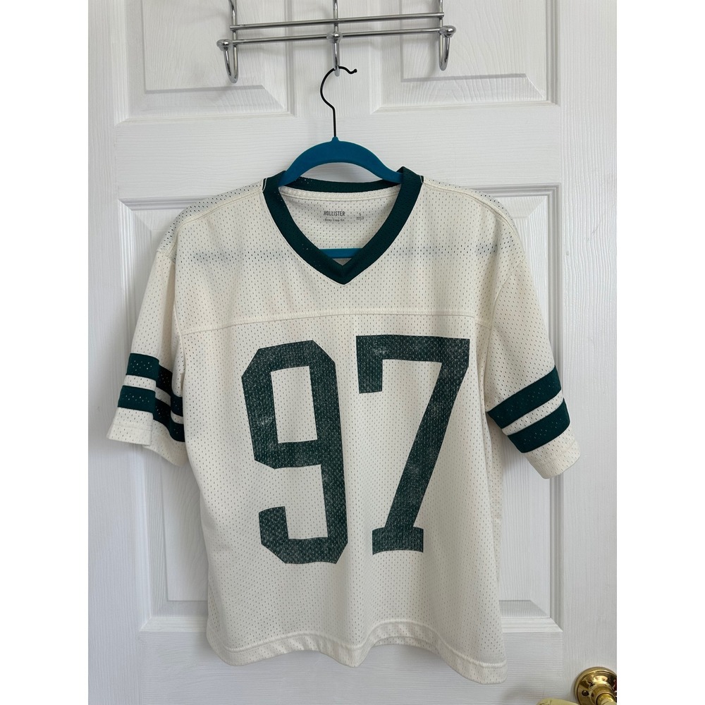 Hollister Womens Boxy Crop Fit Football Jersey Mesh Top Cream Green 97 Small